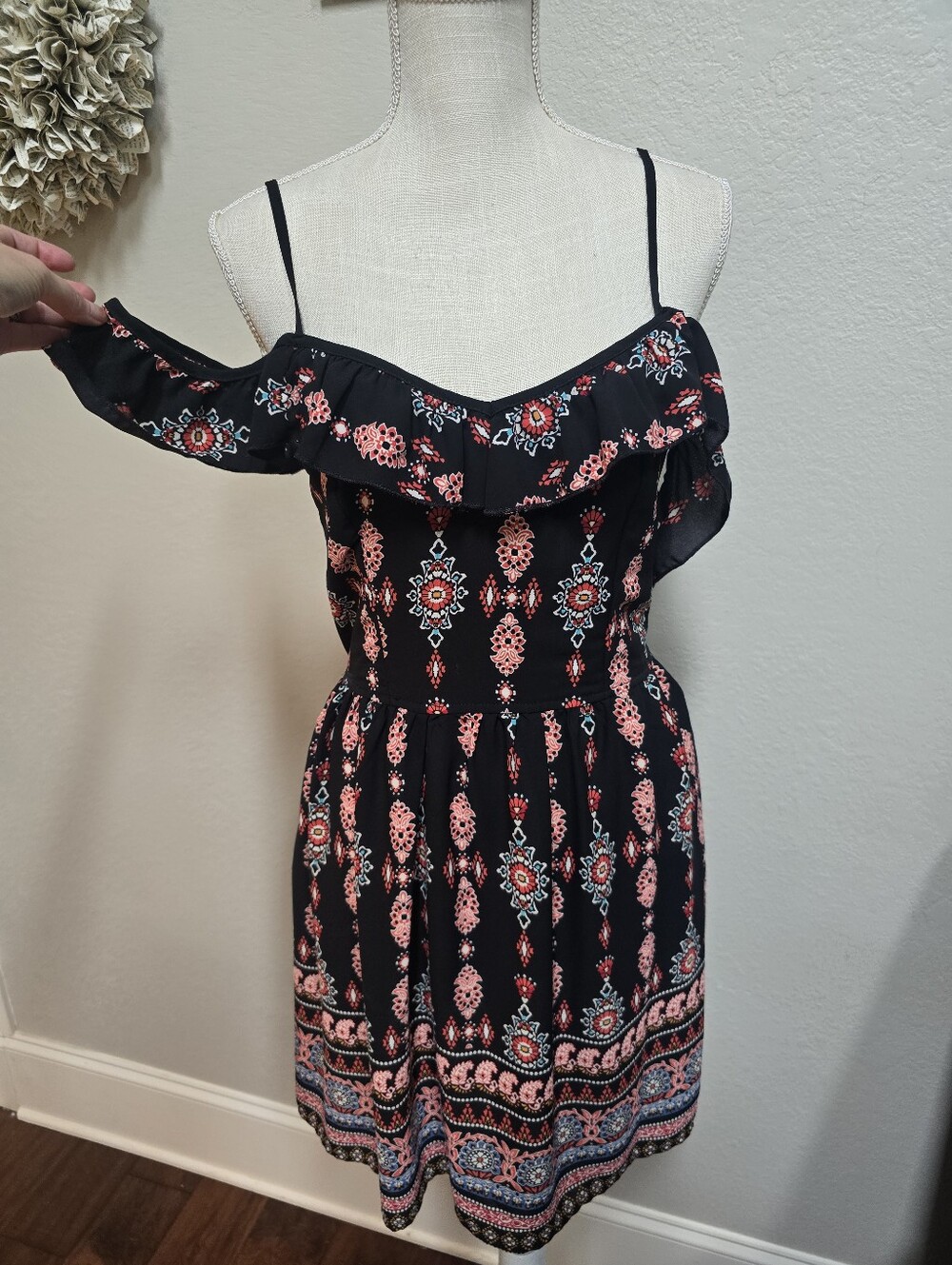 Black Floral Patterned Sundress with Red & Aqua Motifs